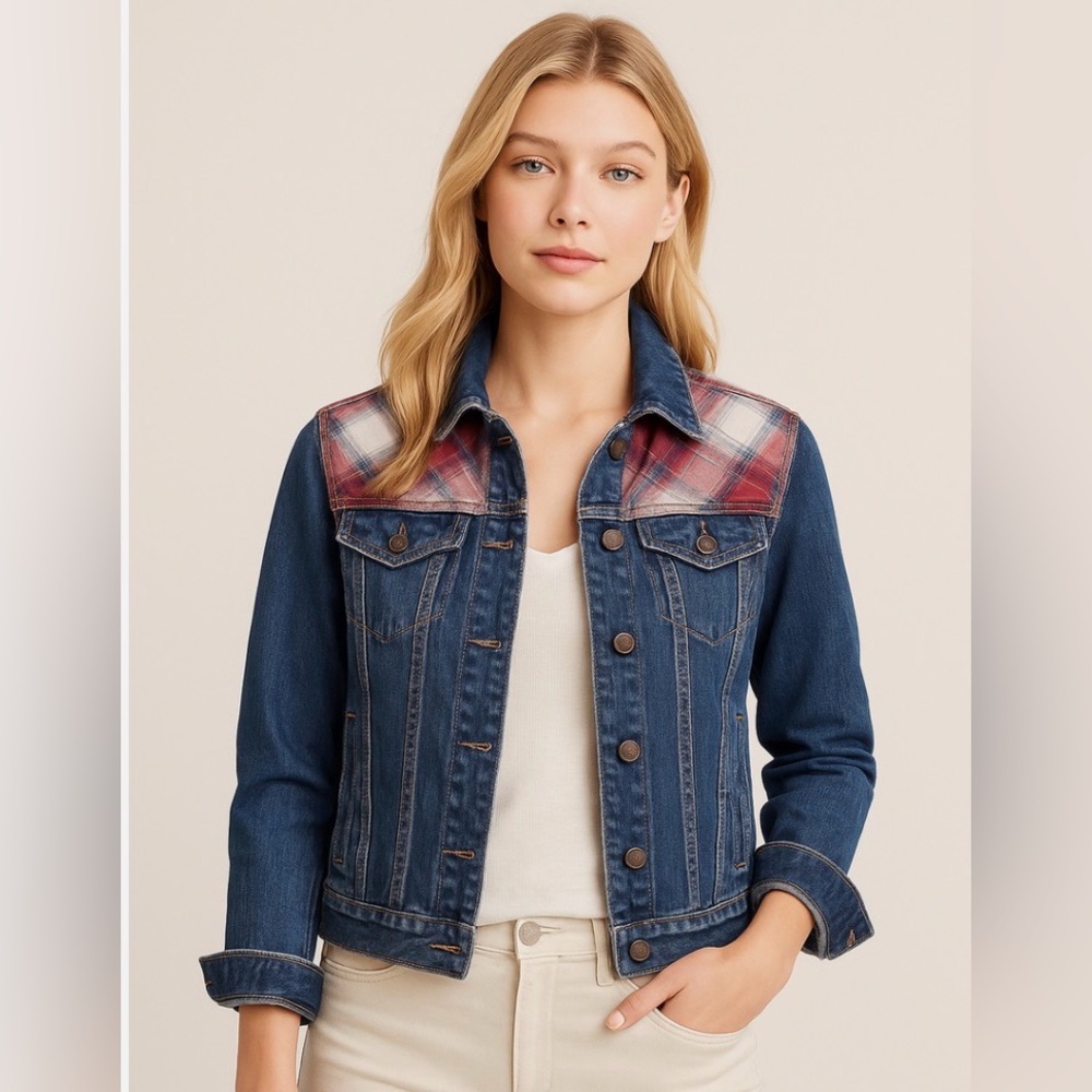 Gap + Pendleton 1969 Icon denim jacket featuring a plaid flannel yoke design